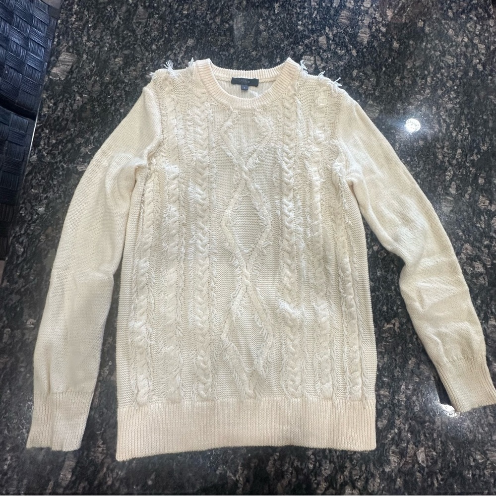 J. Crew Cable Crewneck Fringe Merino Wool‎ Cream Sweater small
